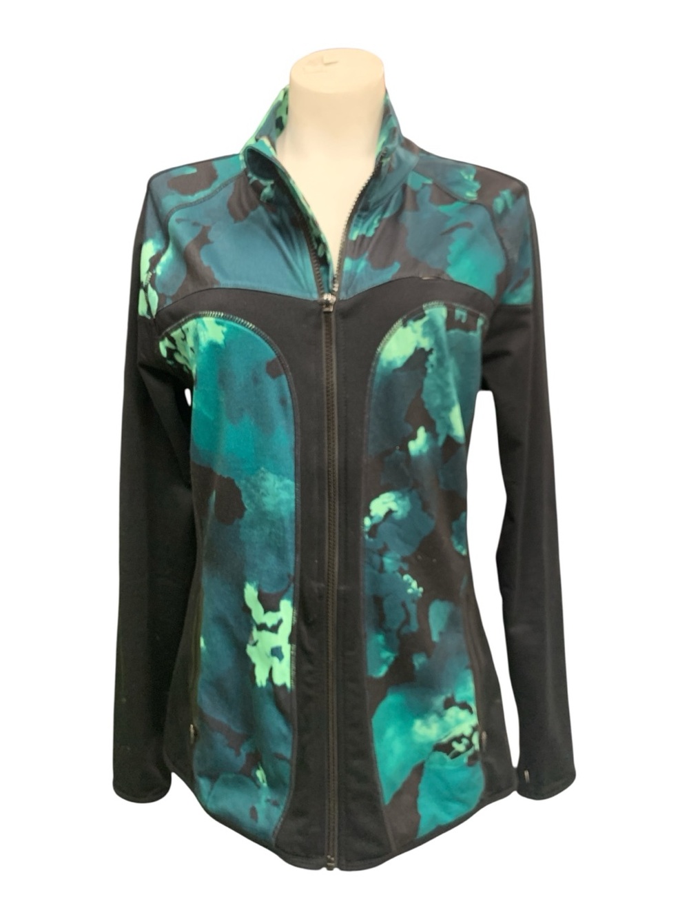 Fabletics Black Jacket with Teal & Aqua Print